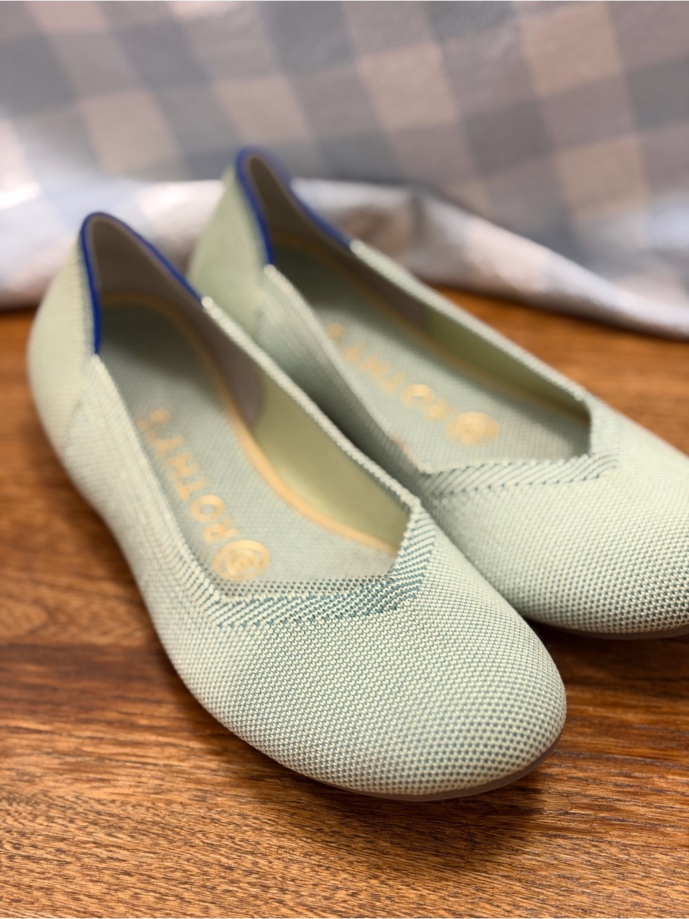 Rothy's retired Mint green Knit Flats with Blue Trim